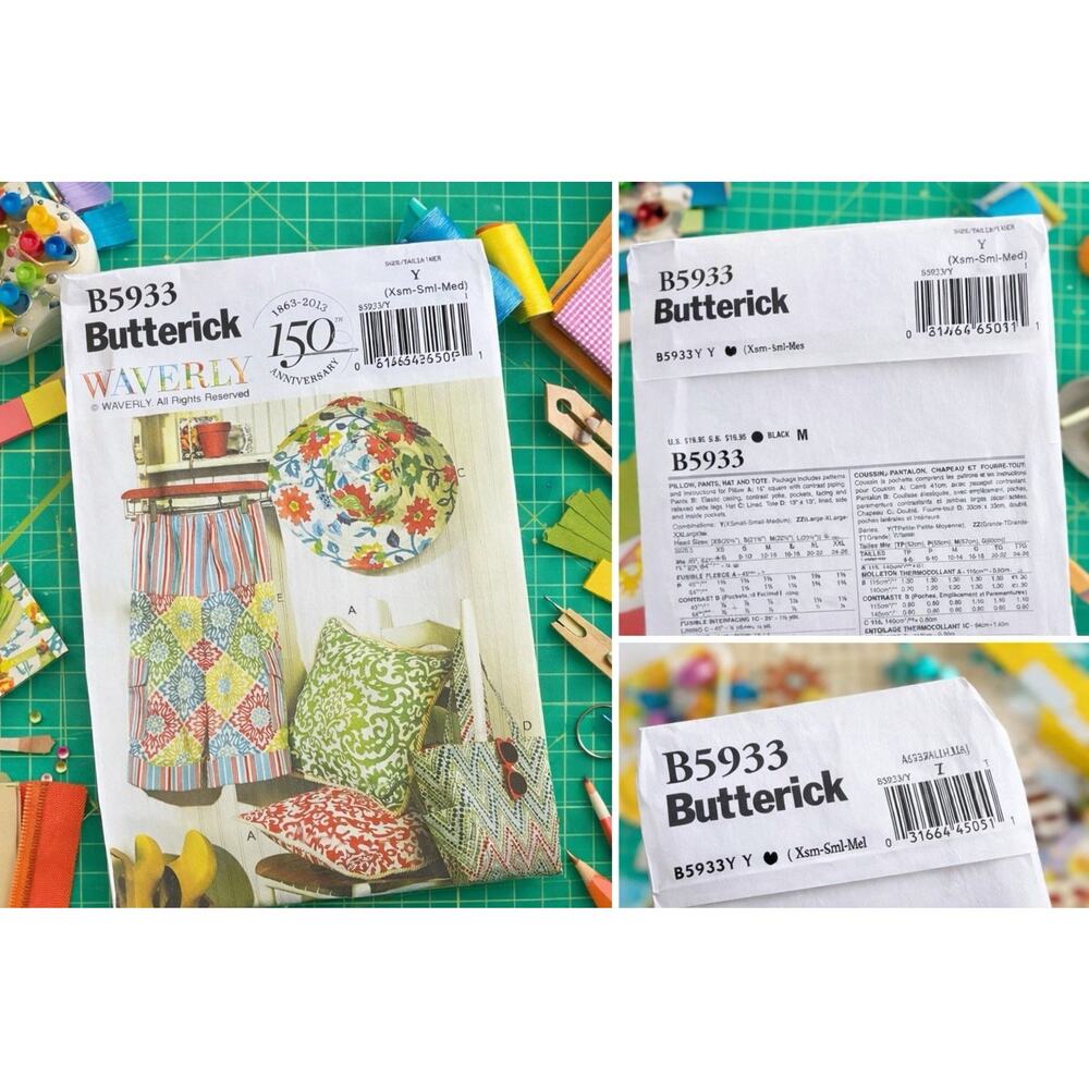 Butterick B5933 Waverly Pattern UNCUT Pillow Pants Hat Tote XS-M